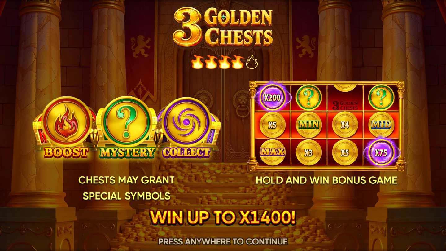 Tela de abertura da sessão do 3 Golden Chests com o logotipo e a grade Hold and Win ao fundo