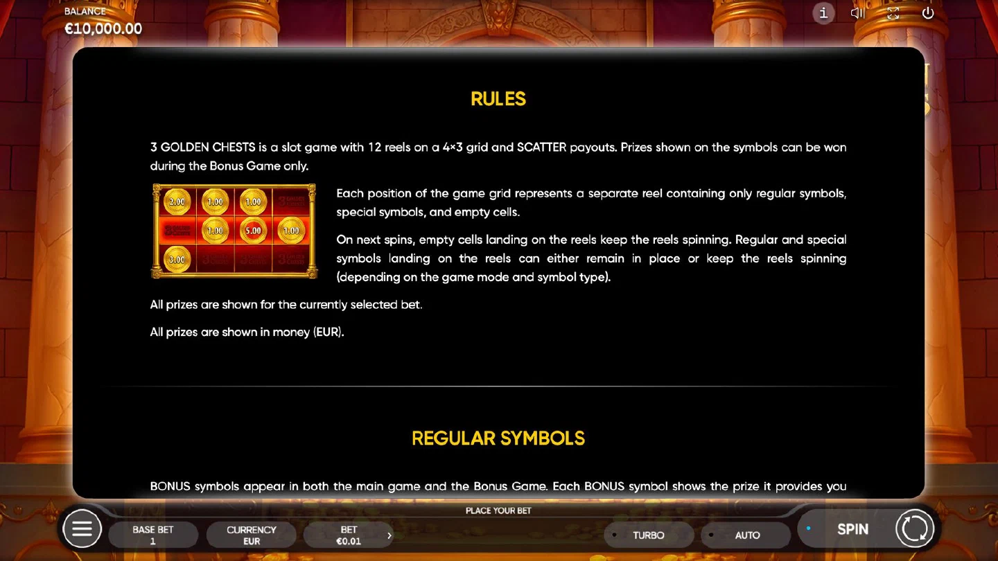 Painel de regras do 3 Golden Chests com os multiplicadores dos símbolos e a escada de jackpots